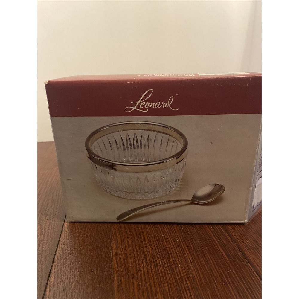 Vintage Leonard Italy Silver Plate‎  Crystal 2 Pc Sauce Set, Bowl and Spoon #347